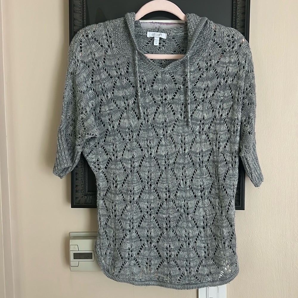 Delia’s gray crochet hooded pullover sweater 3/4 length sleeves